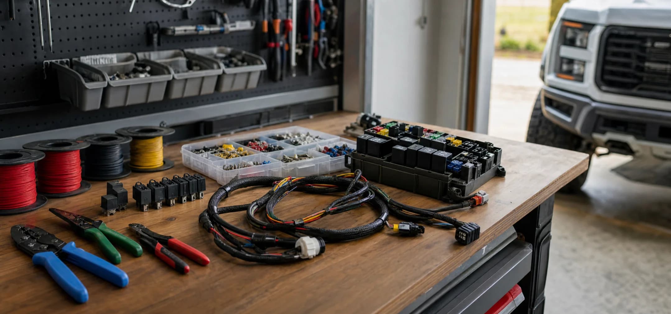 Automotive relays and wiring loom on a garage workbench