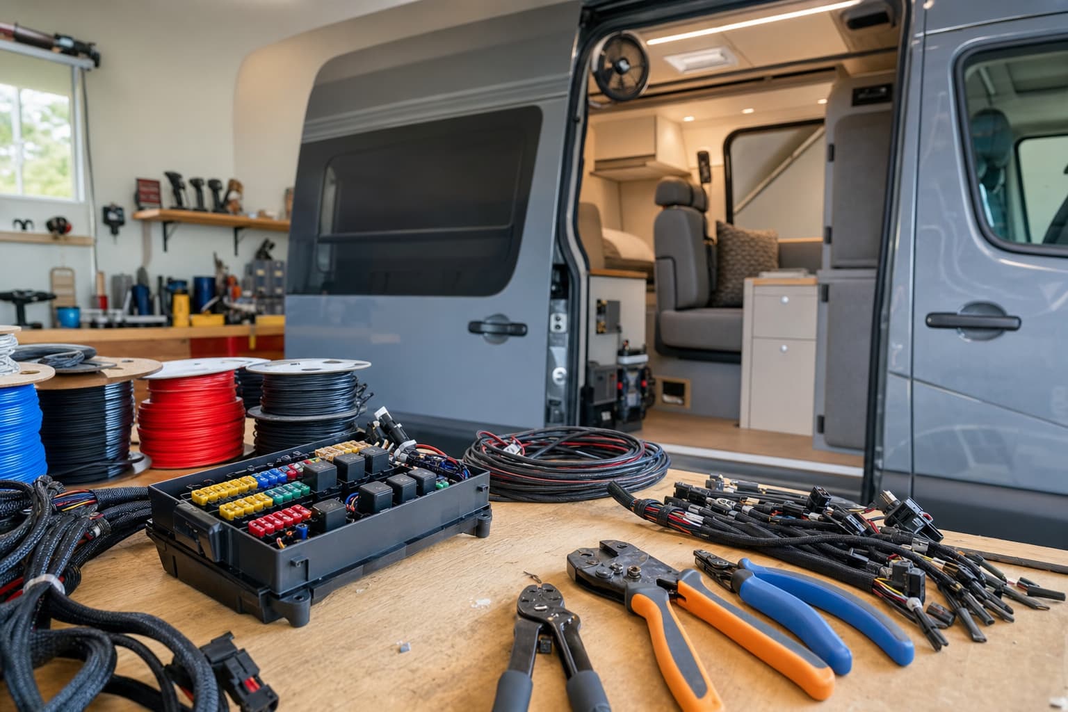 Garage workbench with fuse box, relays, crimping tools, and an open camper van nearby