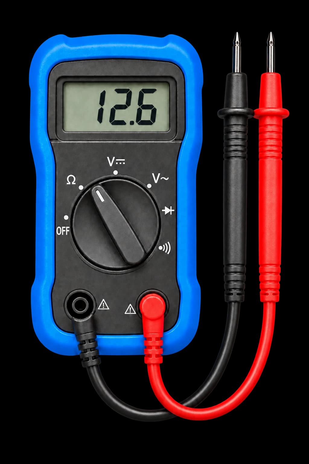 Blue digital multimeter with red and black test probes