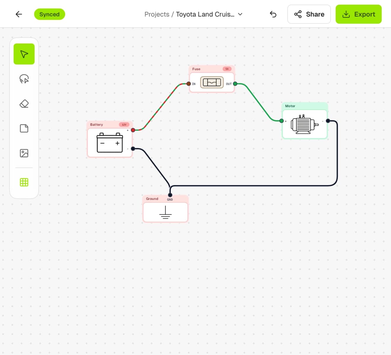 X/D Loom editor showing a battery, fuse, motor, and ground wiring diagram