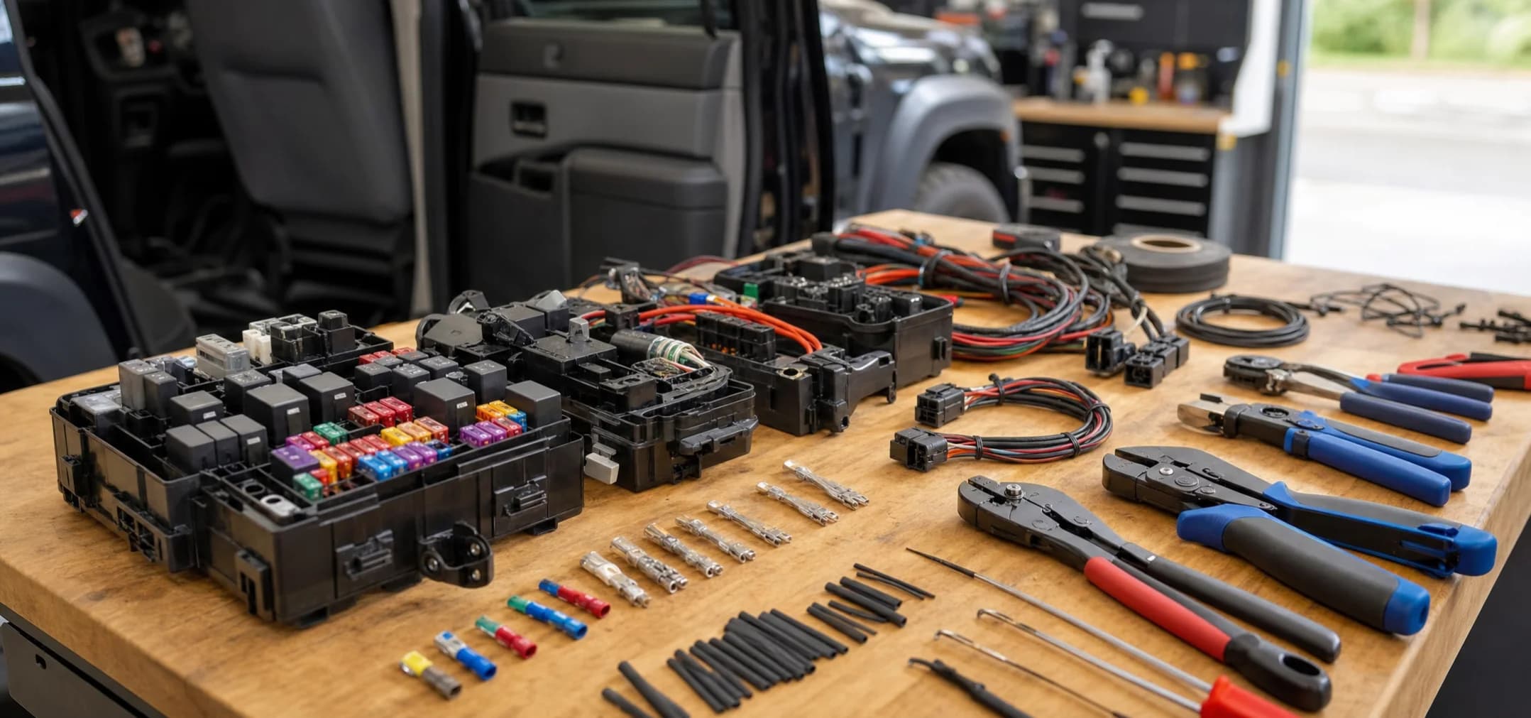 Organized automotive wiring bench with fuse boxes and loom components