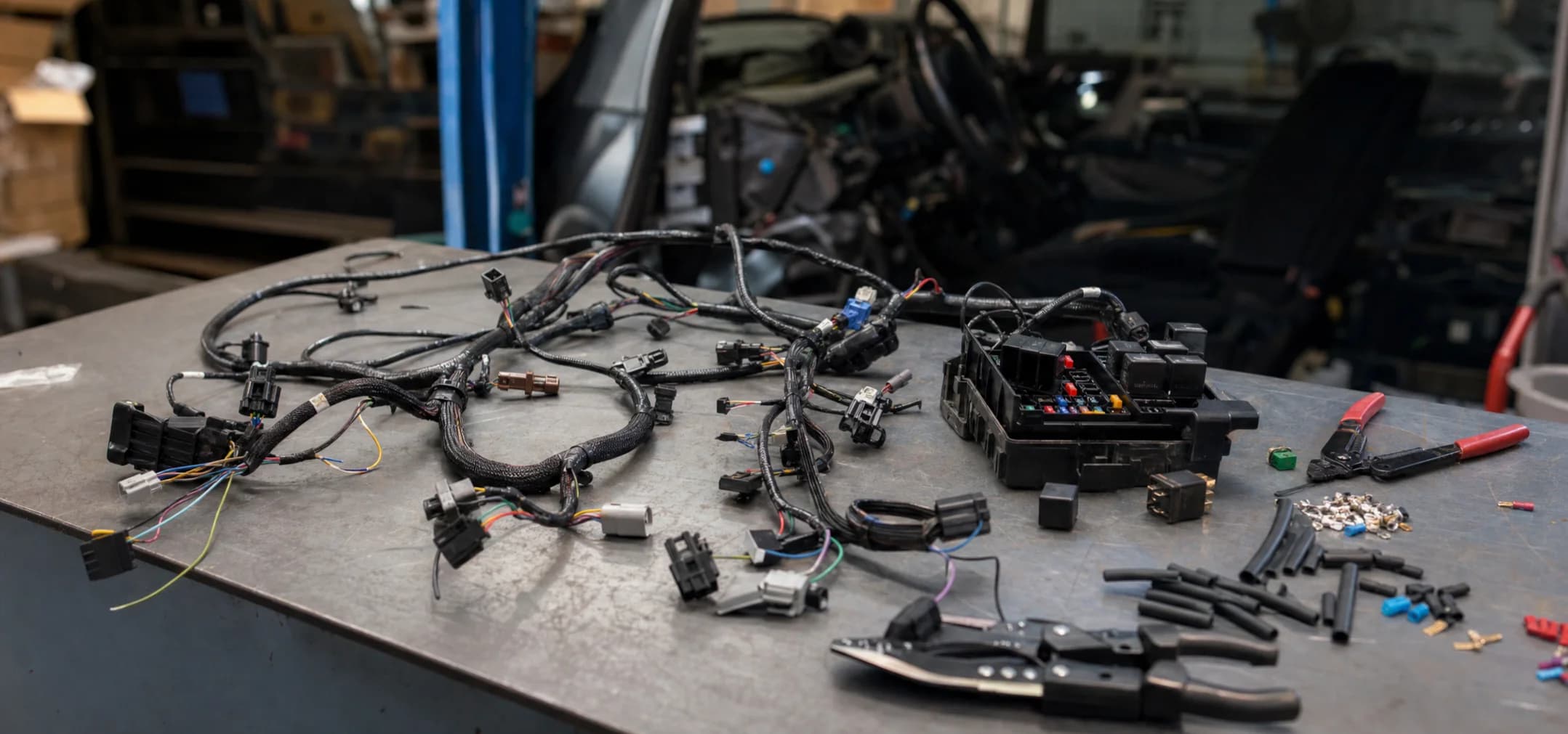 Organized automotive wiring loom with fuse box and tools on a garage workbench