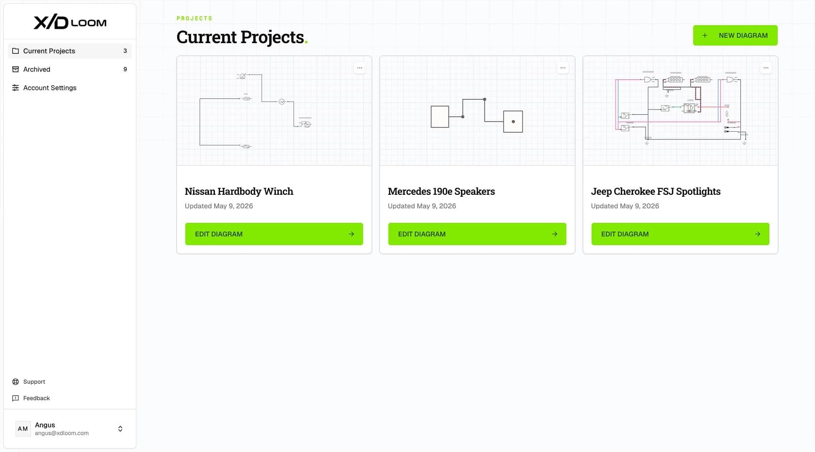 X/D Loom component library beside an electrical diagram canvas