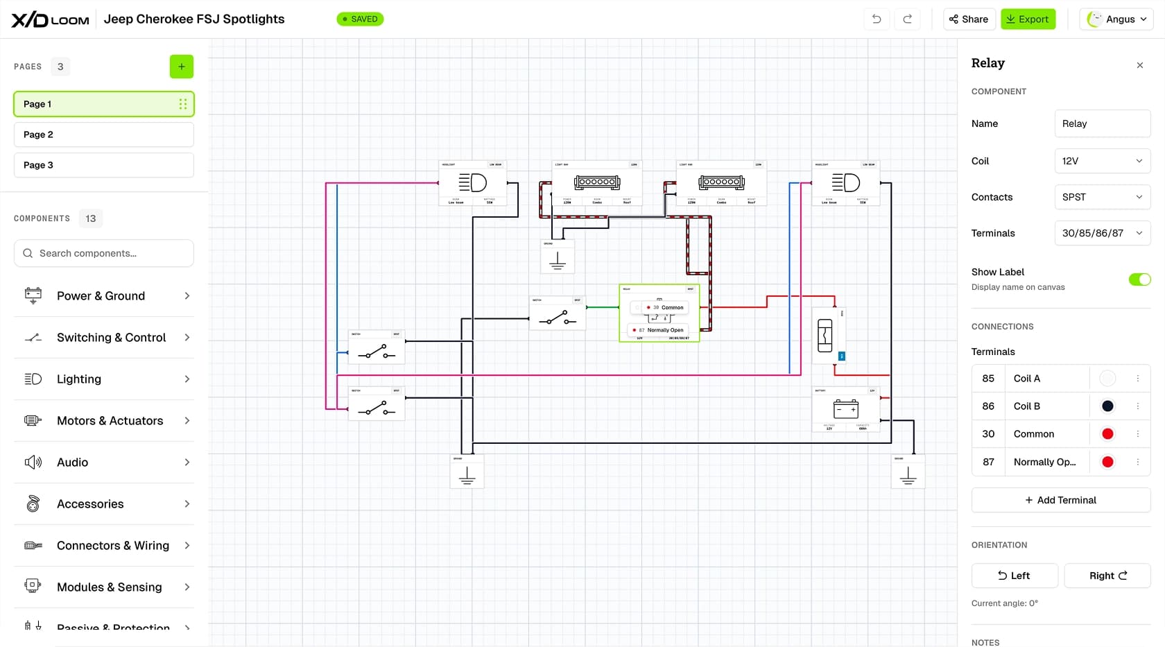 X/D Loom editor canvas with a wiring diagram in progress