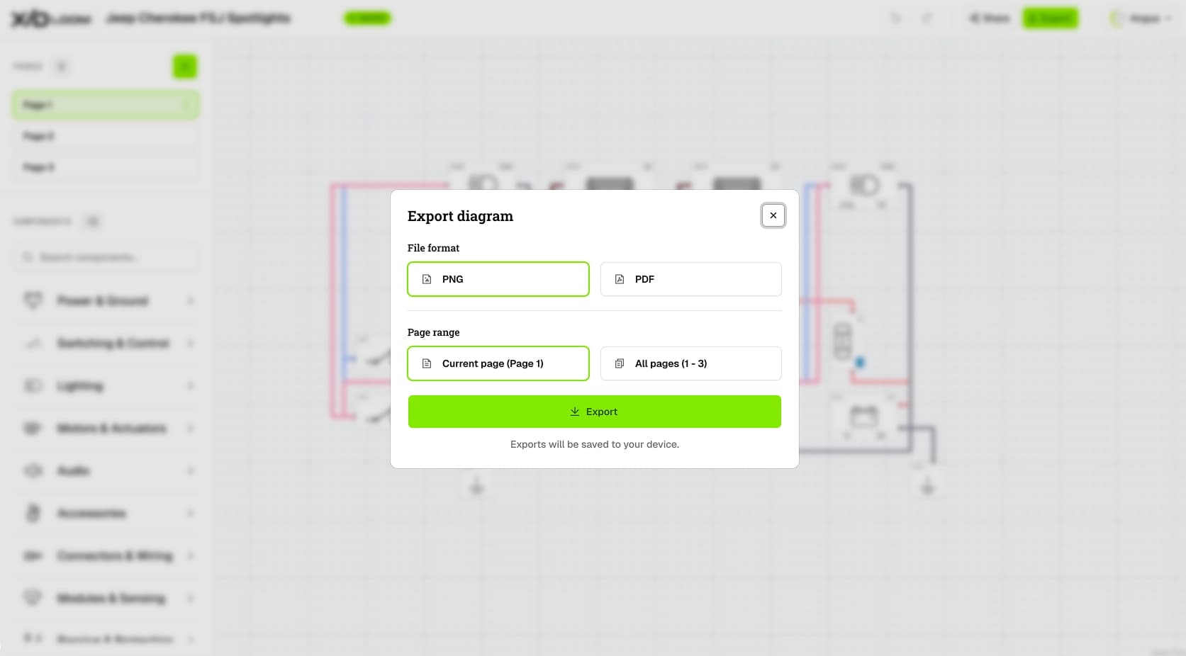 X/D Loom editor ready to export a professional wiring diagram