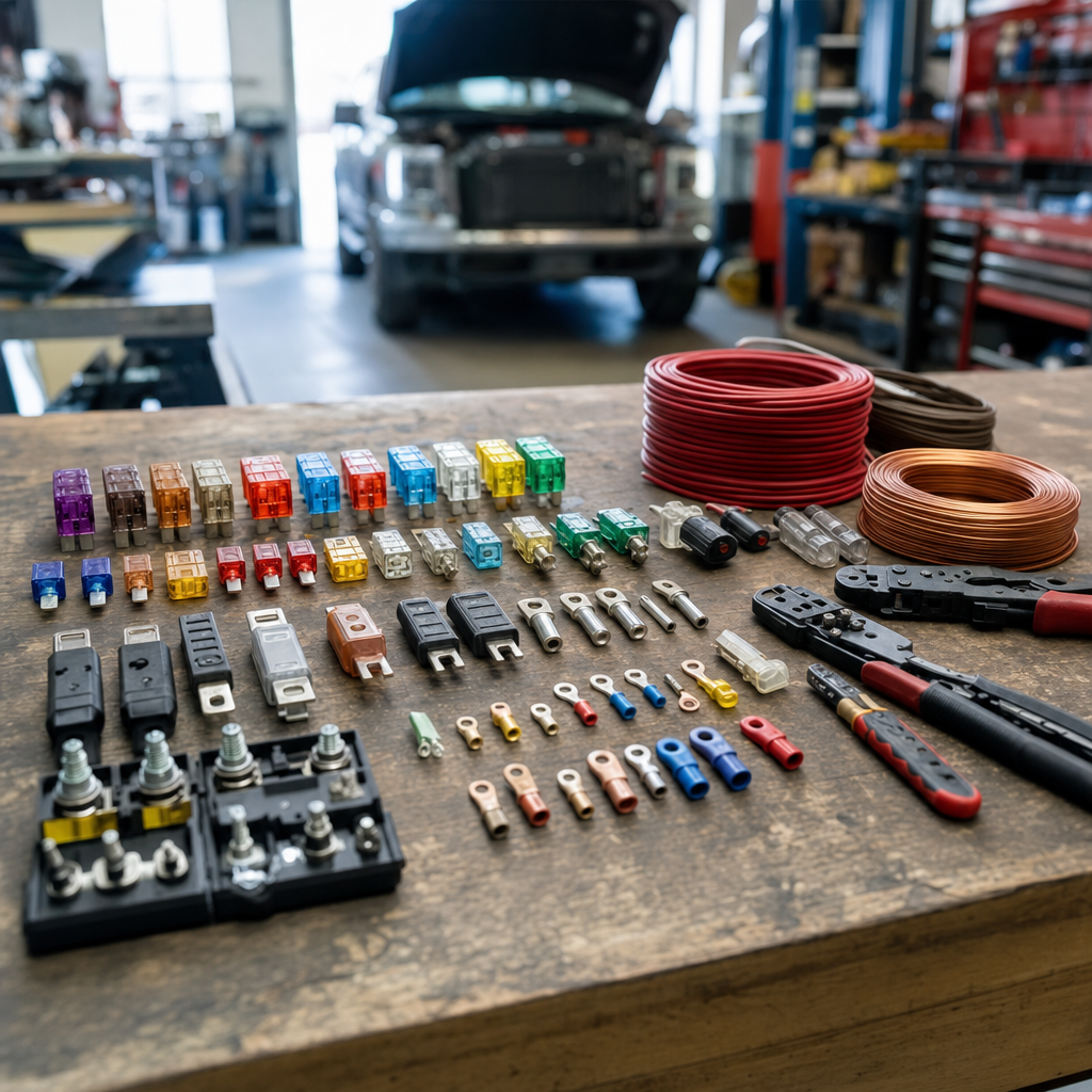 Assorted automotive fuses and wire on a garage workbench