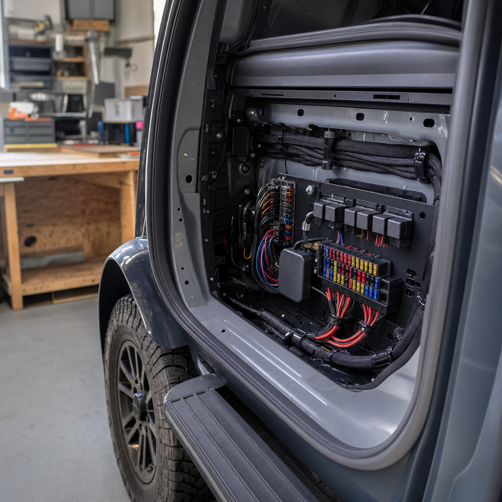 Auxiliary fuse box and tidy loom installed in a vehicle