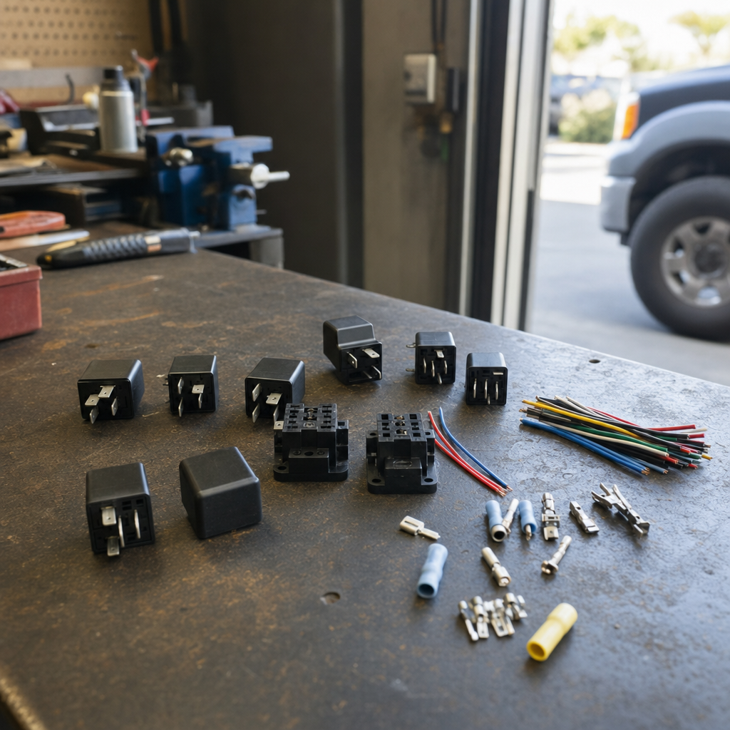 Four-pin and five-pin automotive relays on a workbench