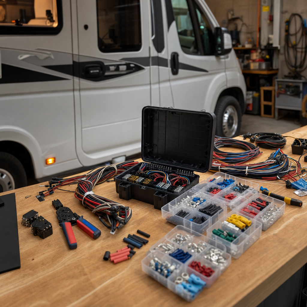 Workbench with fuse box, relays, crimping tools, and organized wiring loom