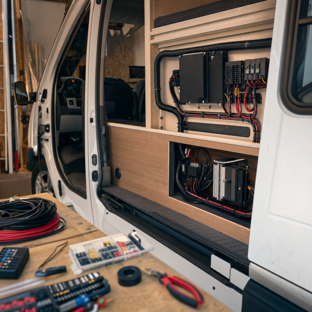 Camper van interior with tidy wiring loom routed to an electrical panel