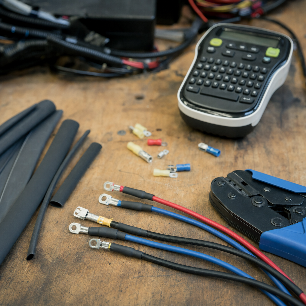 Heat-shrink wire labels arranged beside crimped automotive wires
