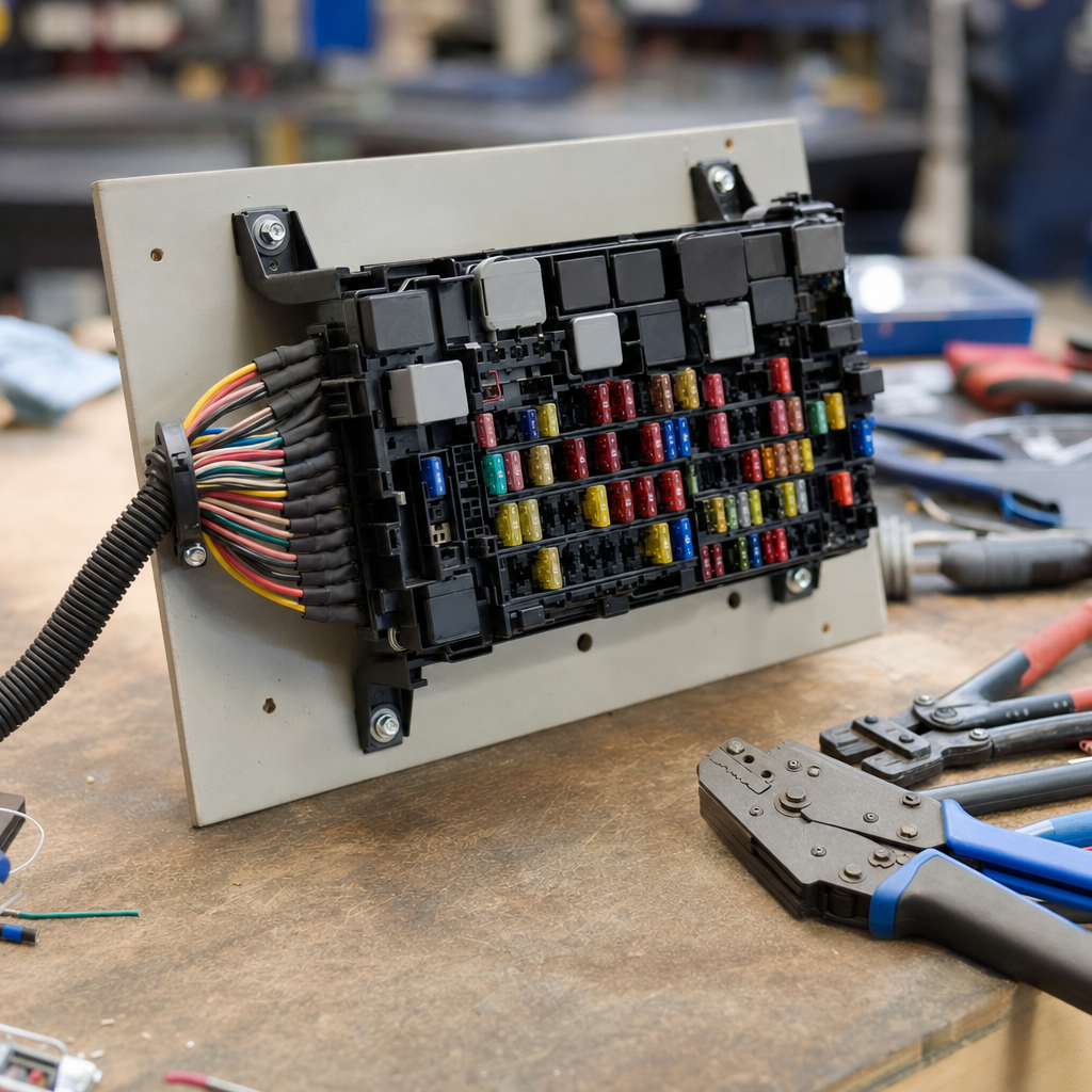Labeled wiring loom routed into an automotive fuse box