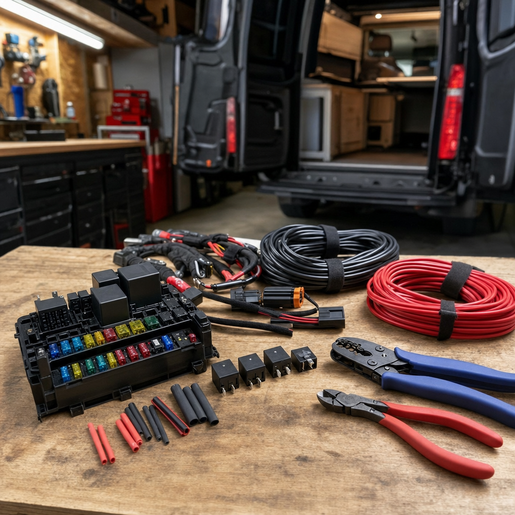 Fuse box, relays, and bundled wiring loom laid out on a garage workbench