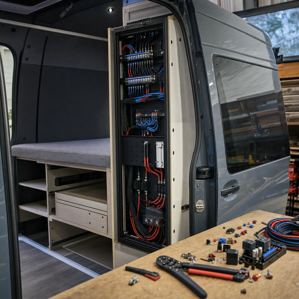 Camper van electrical area with tidy loom routing and tools nearby